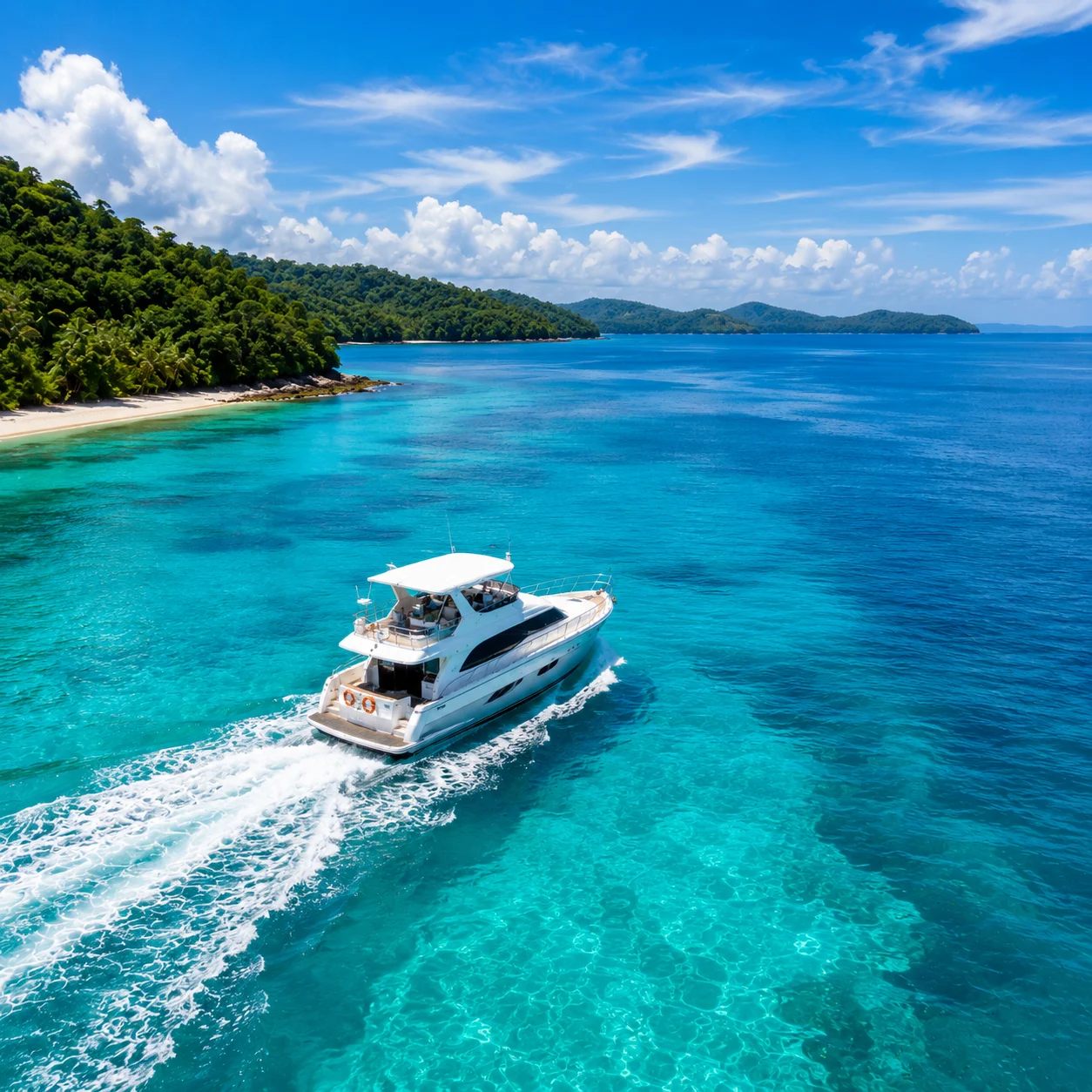 Boat moving across tropical ocean